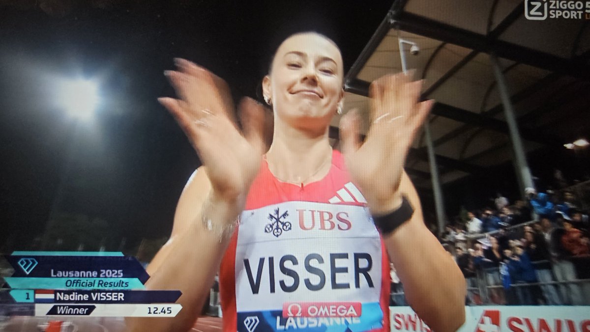 TopatletiekLive's tweet photo. YES❗️Nadine Visser wint in Lausanne de Diamond Leaguewedstrijd op de #100mhrd. In de stromende regen verslaat ze de wereldtop met 12.45 (-0,5 m/s)❣️ https://t.co/WOJoO3MHzd