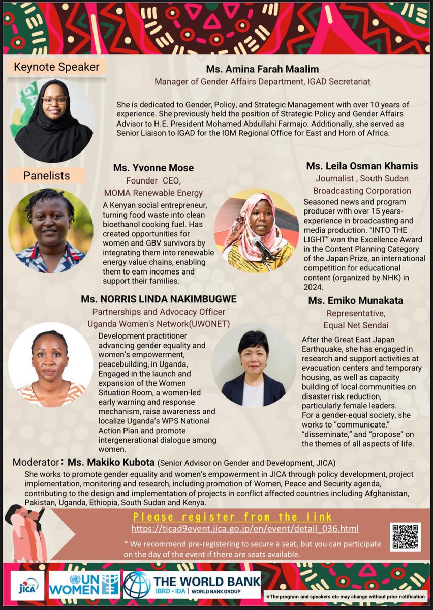 📢 The TICAD9 Official Side Event:
“Shaping a New Era of Peace and Security – The Power of Women and Girls”

📅 August 21, 2025 | 🕒 15:20 – 16:50 (JST)
📍 Pacifico Yokohama Exhibition Hall D (S-03)
🎟️ Admission FREE | Interpretation: Japanese ⇆ English / French

The keynote