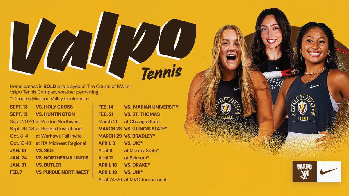 Valpo Athletics (@valpoathletics) on Twitter photo 🎾 Tennis anyone? The full <a href="/ValpoWT/">Valparaiso Women's Tennis</a> slate has been revealed! #GoValpo
🗓️➡️ valpoathletics.com/sports/womens-…
📝➡️valpoathletics.com/news/2025/8/20… 🎾 Tennis anyone? The full <a href="/ValpoWT/">Valparaiso Women's Tennis</a> slate has been revealed! #GoValpo
🗓️➡️ valpoathletics.com/sports/womens-…
📝➡️valpoathletics.com/news/2025/8/20…