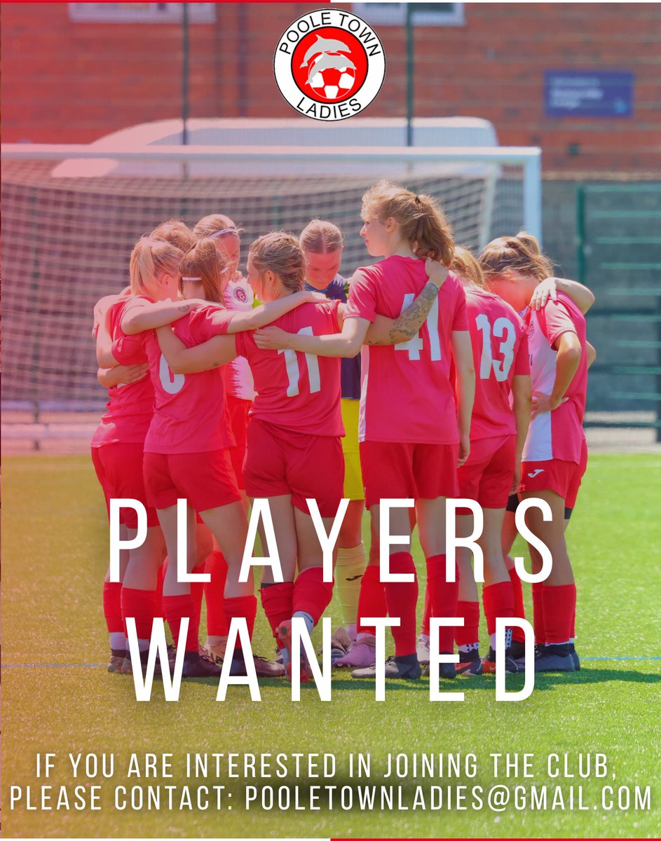 PLAYERS WANTED!

Poole Town Ladies are looking for potential new players for the upcoming season and the chance to join a family football club thriving for success!❤️

If you are interested in joining, then please contact: pooletownladies@gmail.com