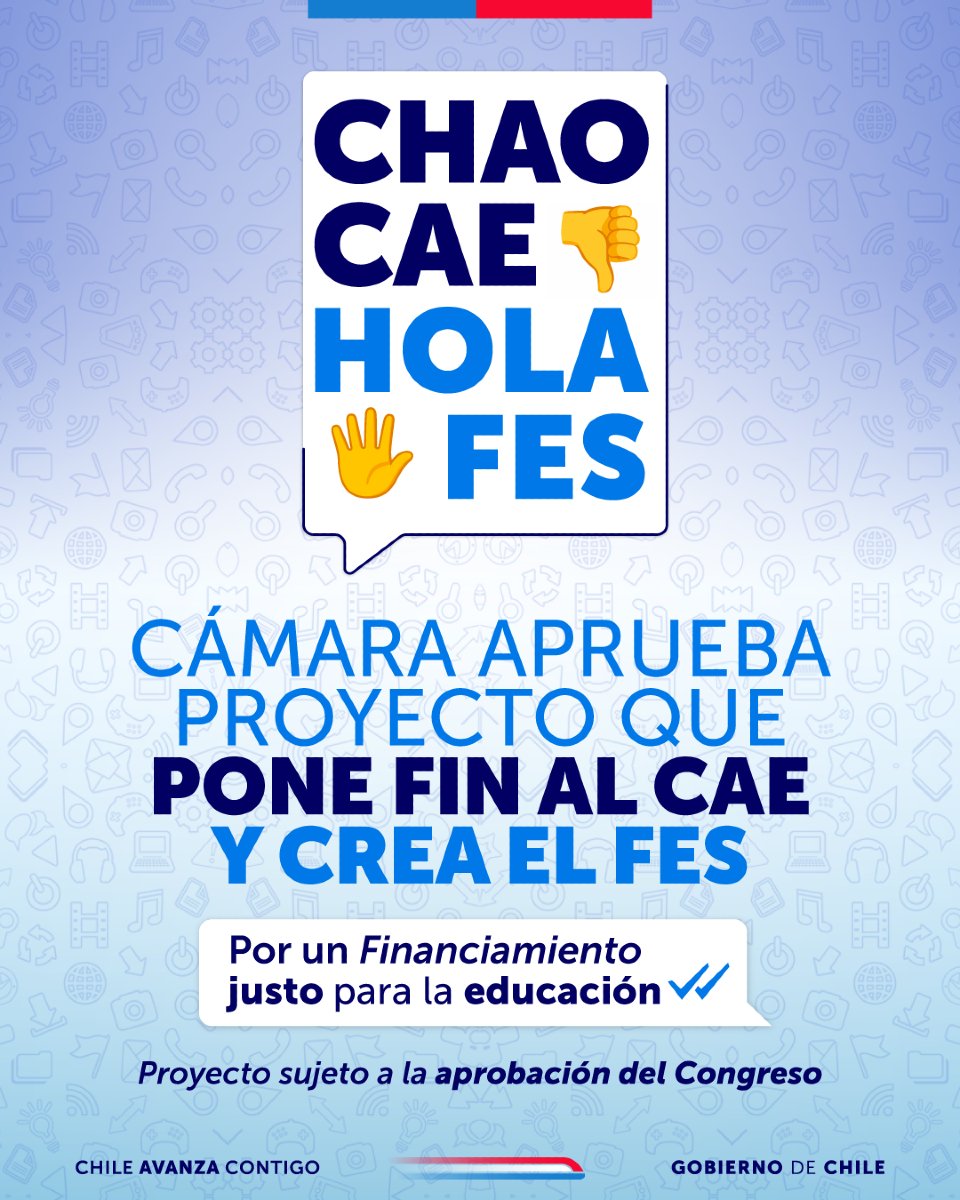 🙌🏼 ¡Buenas noticias! La Cámara de Diputadas y Diputados aprobó y despachó el proyecto que termina con el CAE y crea un nuevo instrumento de Financiamiento para la Educación Superior (FES). Ahora pasa a su segundo trámite legislativo en el Senado. #chaoCAEholaFES