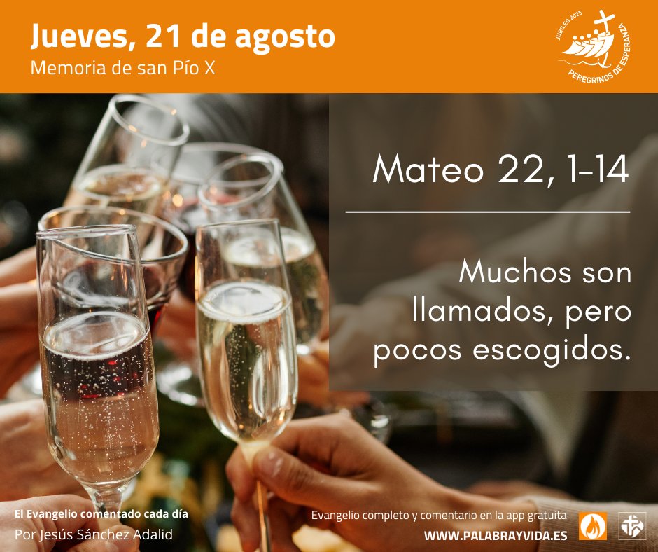 🥂 Hoy Jesús compara el reino de los cielos con un banquete de bodas. Ora para que tu corazón esté siempre abierto a la gracia y preparado para entrar en el gran banquete celestial (Jesús S. Adalid).

#EvangelioDelDía #EvangelioDeHoy #PalabrayVida