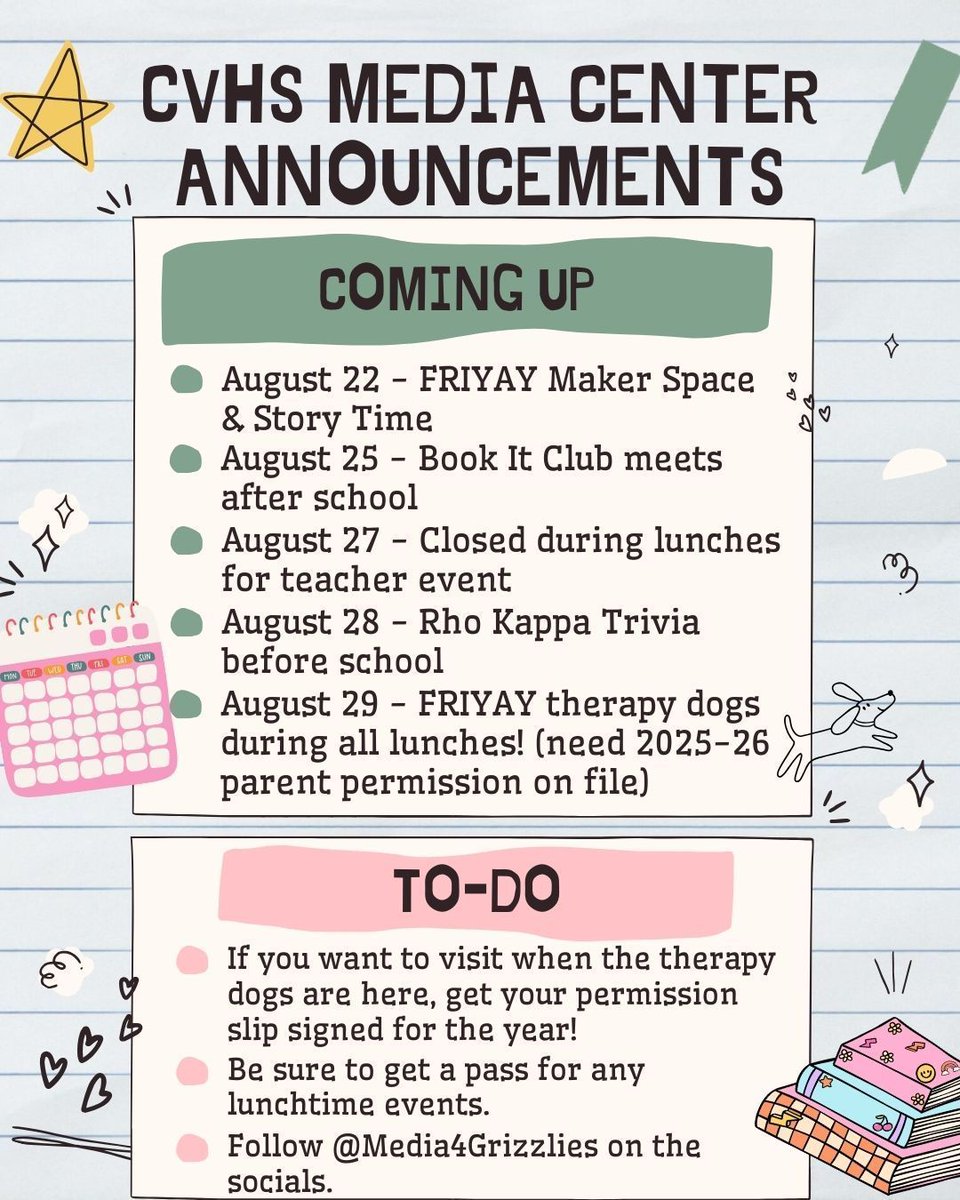 Hey, Grizzlies! Ms. Lanford and Mrs. Dutton have lots of fun events planned in the media center for the 2025-26 school year. Don't miss out on these pawsitively amazing opportunities. Here's what's in store for the next couple of weeks!