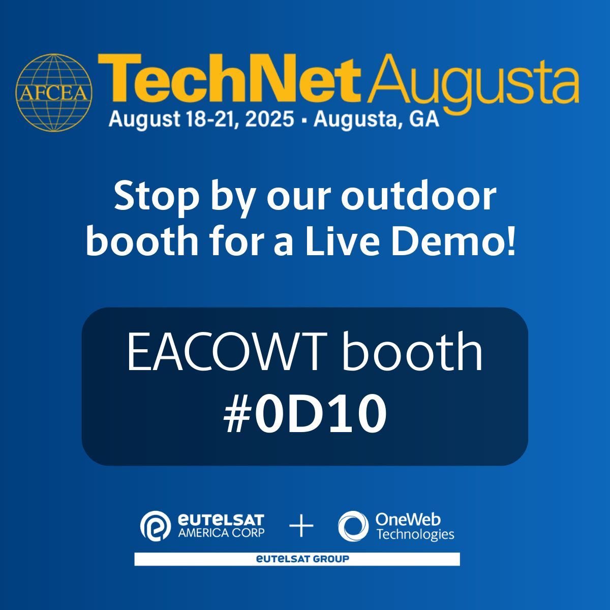 EutelsatNS's tweet image. Live Demo
EACOWT booth #OD10
AFCEA TechNet Augusta 2025
Connect with our team Jim Simson, Brian Large, and Bryan Kerns at TechNet Augusta 2025 for a deeper look at our SATCOM services and our powerful APNT device, AstraPNT™️. 
#technetaugusta #EACOWT #PNT
