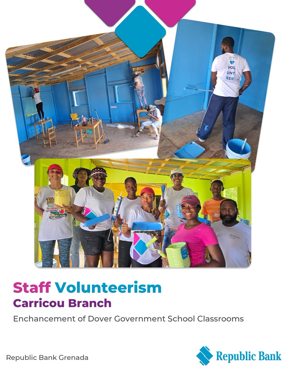 republicbankgd's tweet photo. Staff from our Carriacou Branch showed the true spirit of volunteerism by coming together to give a bright new look to the temporary home of the Dover Government School students. Small acts of kindness can create big smiles & build strong communities.đ #RepublicGrenada #PMAD https://t.co/U7x216b2M5