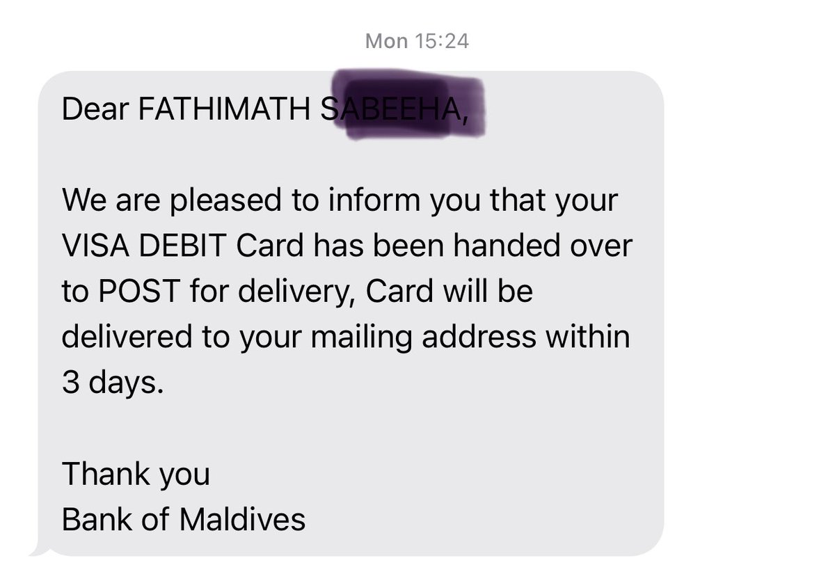 Mi ee 18th Monday 15:24 ga alhugandh <a href="/bankofmaldives/">Bank of Maldives</a> in fonuvi msg eh.
Wednesday morning ga <a href="/MaldivesPost/">Maldives Post</a>  in gulhaafa bunee BML ge card nagan Post office a dhaan. Ajaibeh noontha alhe?? Kan kan nuvaanenyya havaal nuvaan veenu?? BML ge samaalu kamah mi tweet kollee