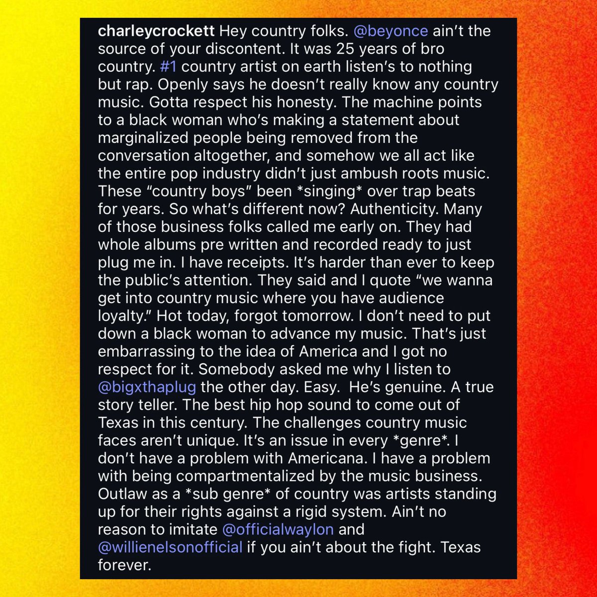 PopCrave's tweet photo. Country singer Charley Crockett defends Beyoncé’s ‘COWBOY CARTER’:

“Beyoncé ain't the source of your discontent. It was 25 years of bro country. #1 country artist on earth listens to nothing but rap […] I don’t need to put down a Black woman to advance my music.” https://t.co/Le11z2xQTa