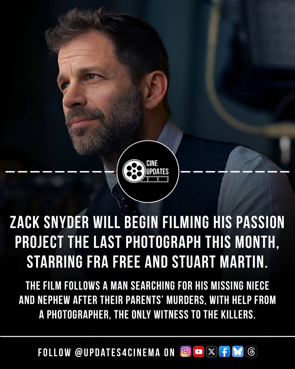 Updates4Cinema's tweet photo. Zack Snyder will begin filming his passion project The Last Photograph this month, starring Fra Free and Stuart Martin. 

#ZackSnyder #TheLastPhotograph #FraFree #StuartMartin https://t.co/9zmFvbLoXf