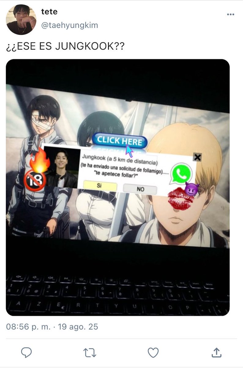 Mini Au #Taekook | “Click Here!”

Donde Taehyung ve un follanuncio comprometedor de su nuevo compañero mientras veía Attack on Titan 

o

Donde Jungkook no tiene idea de la broma que su hermano mayor publicó en internet.