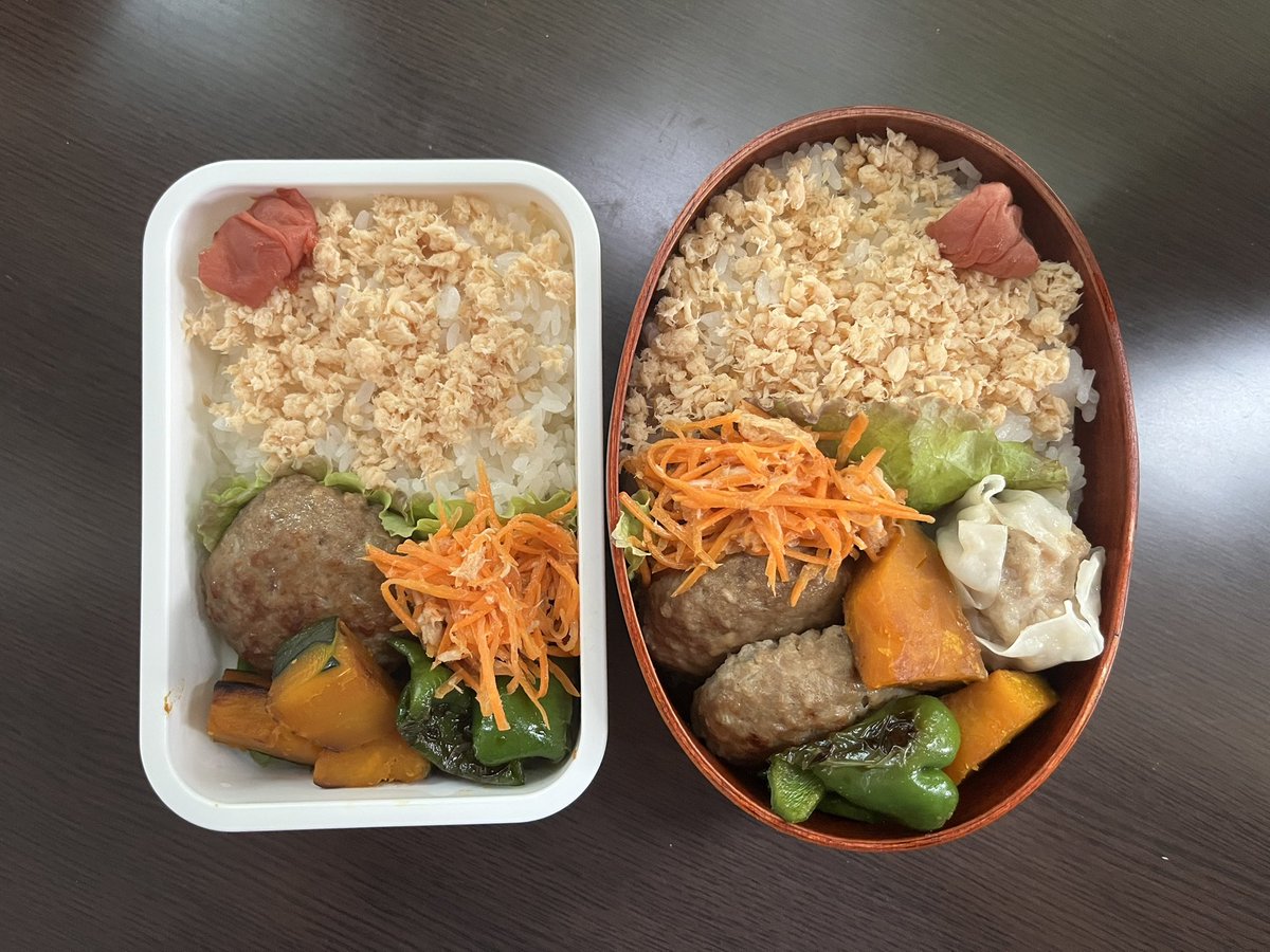 緑黄色野菜多め🥕🫑🎃
鮭フレークはおいしいけれど
ぽろぽろこぼれてちょっと食べにくい
#今日のお弁当