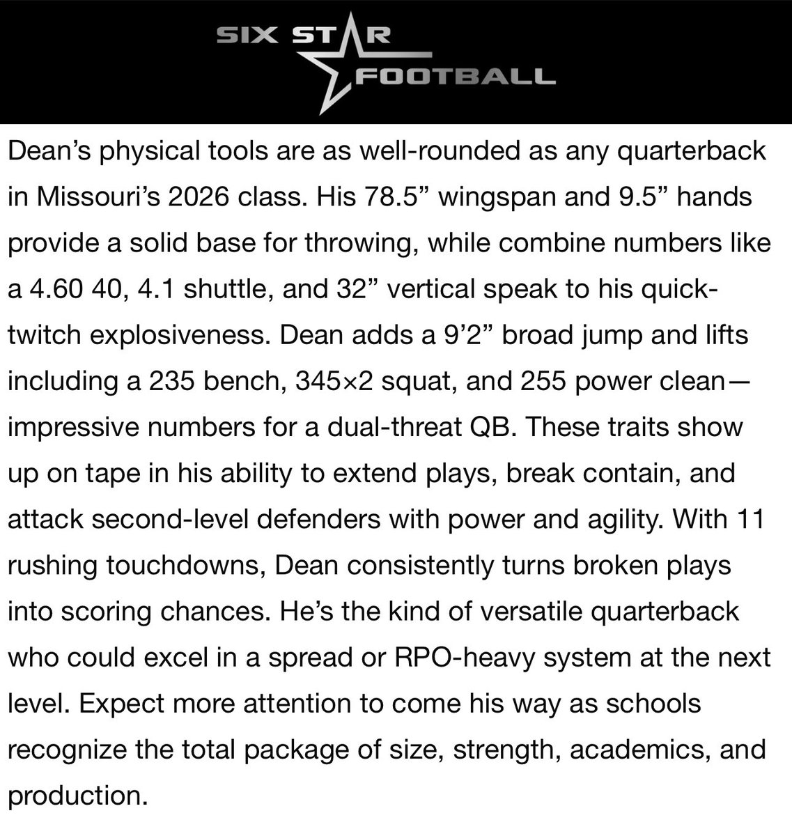 Ivan Dean (@ivan_dean_11) on Twitter photo Thank you <a href="/sixstarfootball/">Six Star Football | PLUS+</a> for the write up! Looking forward to a big season.
<a href="/HoltFB/">Holt Football</a> <a href="/NationHolt/">Holt Indian Nation</a> <a href="/EthanPlace8541/">Coach Ethan Place</a> <a href="/RecruitHoltFB/">HOLT FOOTBALL RECRUITING</a> <a href="/JPRockMO/">JP Rock</a> <a href="/elitefootball/">EliteFootballAcademy</a> @prepredzonemo <a href="/sixstarfootball/">Six Star Football | PLUS+</a> <a href="/6starfootballMO/">Six Star Football | MISSOURI</a>
<a href="/Bryan_Ault/">Bryan Ault - Midwest Scout</a> <a href="/CoachHulmes/">Alec Hulmes</a> <a href="/QBHitList/">QBHitList.com</a> <a href="/GSV_STL/">Gateway Sports Venue</a> <a href="/GatewayGrid/">Gateway Gridiron</a> <a href="/MidRecruiting/">Prep “Football” Mid Missouri Recruiting</a> Thank you <a href="/sixstarfootball/">Six Star Football | PLUS+</a> for the write up! Looking forward to a big season.
<a href="/HoltFB/">Holt Football</a> <a href="/NationHolt/">Holt Indian Nation</a> <a href="/EthanPlace8541/">Coach Ethan Place</a> <a href="/RecruitHoltFB/">HOLT FOOTBALL RECRUITING</a> <a href="/JPRockMO/">JP Rock</a> <a href="/elitefootball/">EliteFootballAcademy</a> @prepredzonemo <a href="/sixstarfootball/">Six Star Football | PLUS+</a> <a href="/6starfootballMO/">Six Star Football | MISSOURI</a>
<a href="/Bryan_Ault/">Bryan Ault - Midwest Scout</a> <a href="/CoachHulmes/">Alec Hulmes</a> <a href="/QBHitList/">QBHitList.com</a> <a href="/GSV_STL/">Gateway Sports Venue</a> <a href="/GatewayGrid/">Gateway Gridiron</a> <a href="/MidRecruiting/">Prep “Football” Mid Missouri Recruiting</a>