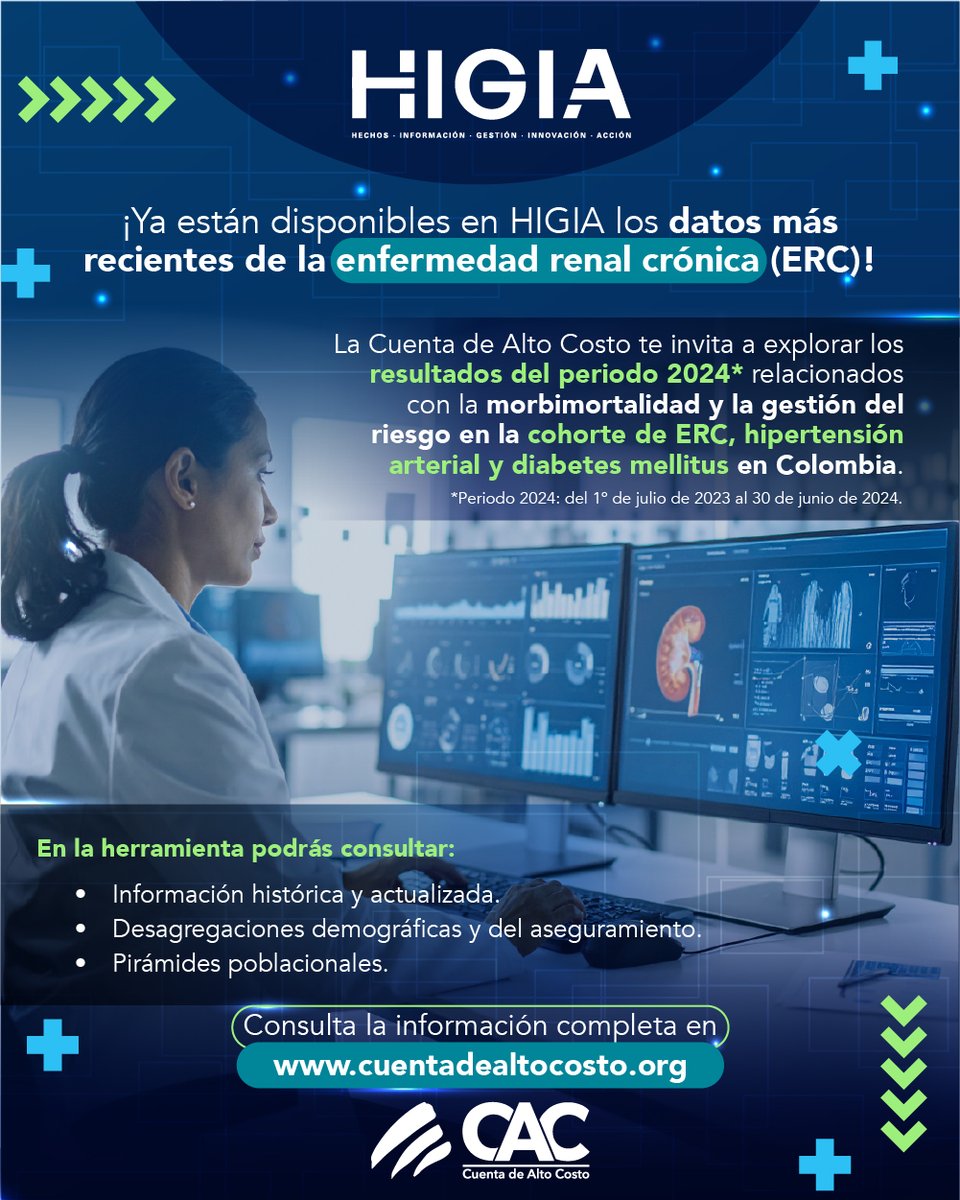 CuentaAltoCosto's tweet photo. 📊 Consulta en #HIGIA los datos más recientes de la #enfermedadrenalcrónica, la #hipertensiónarterial y la #diabetesmellitus en Colombia.
Accede a los resultados del período 2024 y a la información histórica de la morbimortalidad y la gestión del riesgo👉 https://t.co/8j0XWux9GZ https://t.co/fqB2DEVN3q