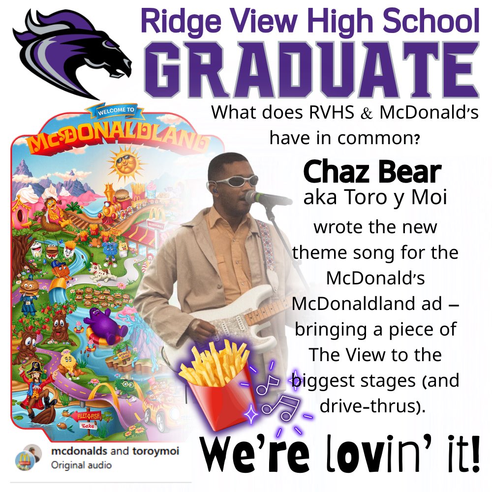 rvhs's tweet image. Alumni Spotlight: Ridge View graduate Chaz Bear (aka Toro y Moi) wrote the new theme song for McDonald’s McDonaldland ad! Bringing a piece of The View to the biggest stages (and drive-thrus) in the world. 🍟🎶 We’re lovin’ it! #AlumniSpotlight #BlazerPride…