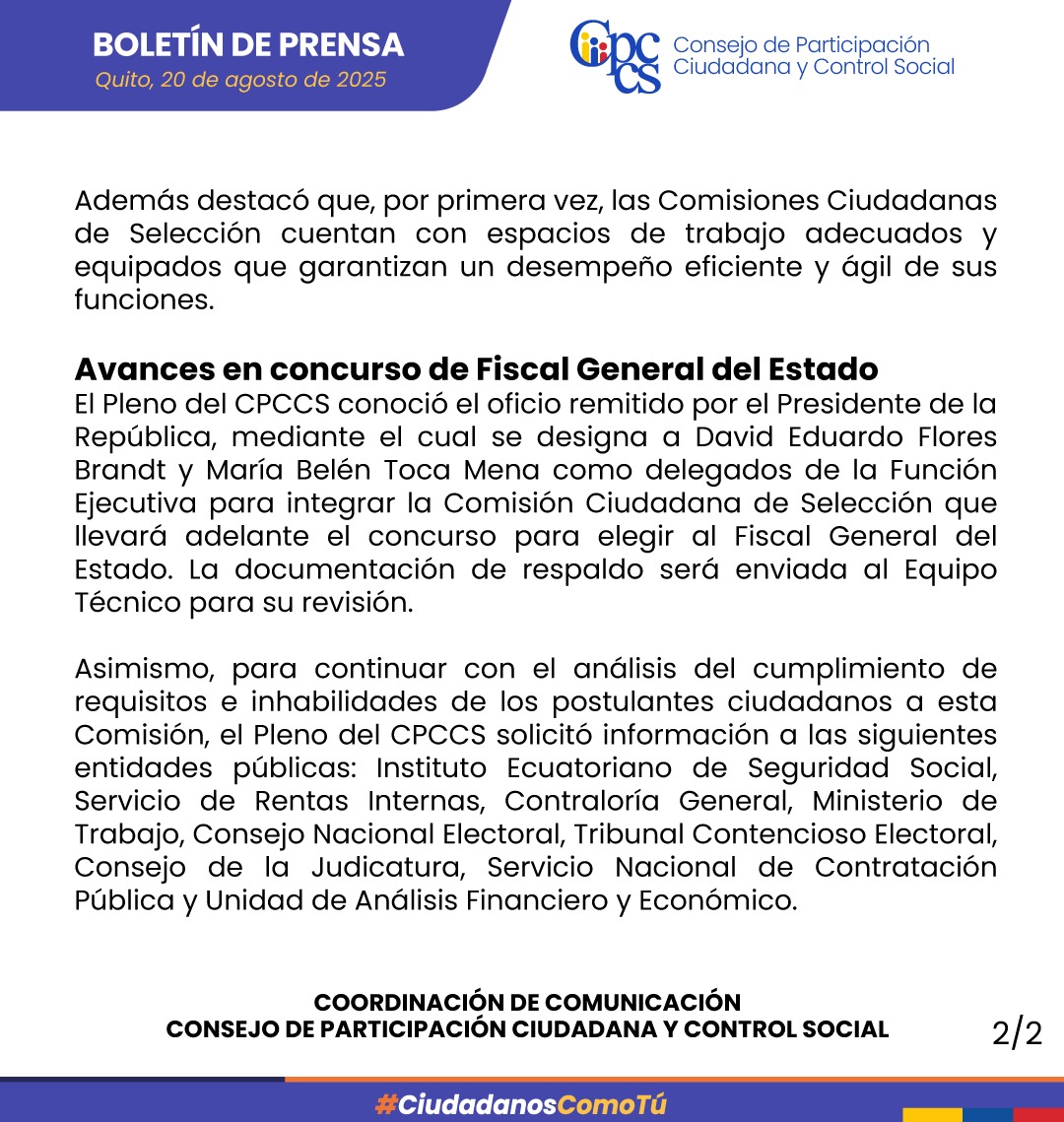 🗞️El CPCCS aprobó directrices para la fase de oposición en el concurso del CNE y conoció los delegados del Ejecutivo a la Comisión Ciudadana del proceso de Fiscal.

Entérate de los detalles⬇️