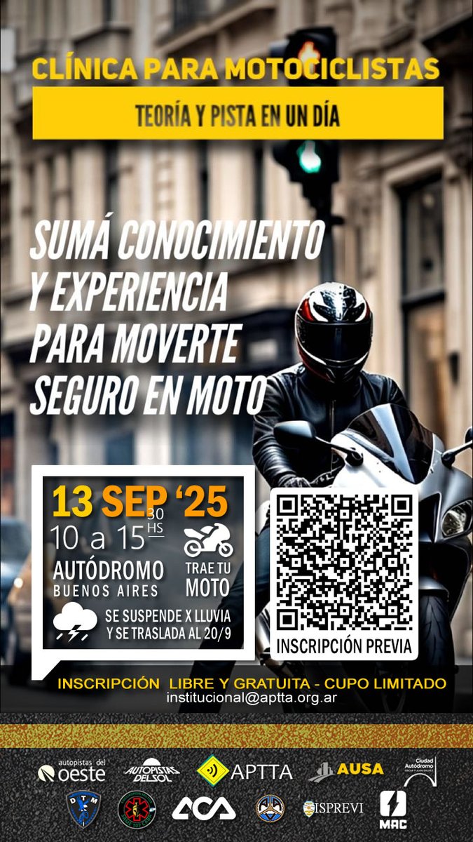 Sábado 13/9
Clínica para motociclistas.
Todo lo que tenés que saber para mejorar el vínculo entre vos, tu moto y el resto de los usuarios de la vía pública.
Anotate!!
<a href="/APTTA_/">#PeriodistaDeTránsito</a>