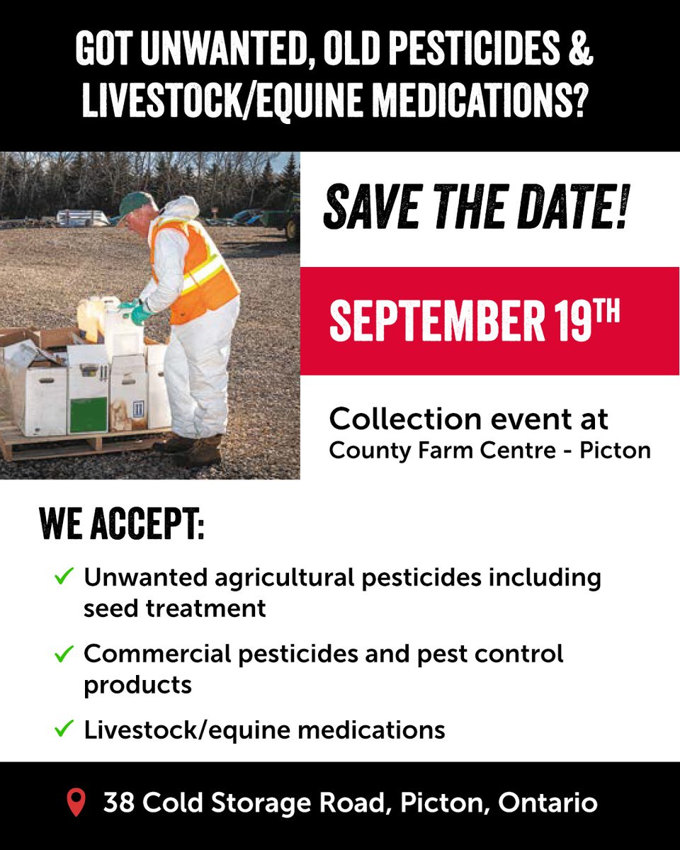 Our pesticide and livestock medication collection event is coming up, save the date: September 19th at our Picton Agronomy office located at 38 Cold Storage Road, Picton.