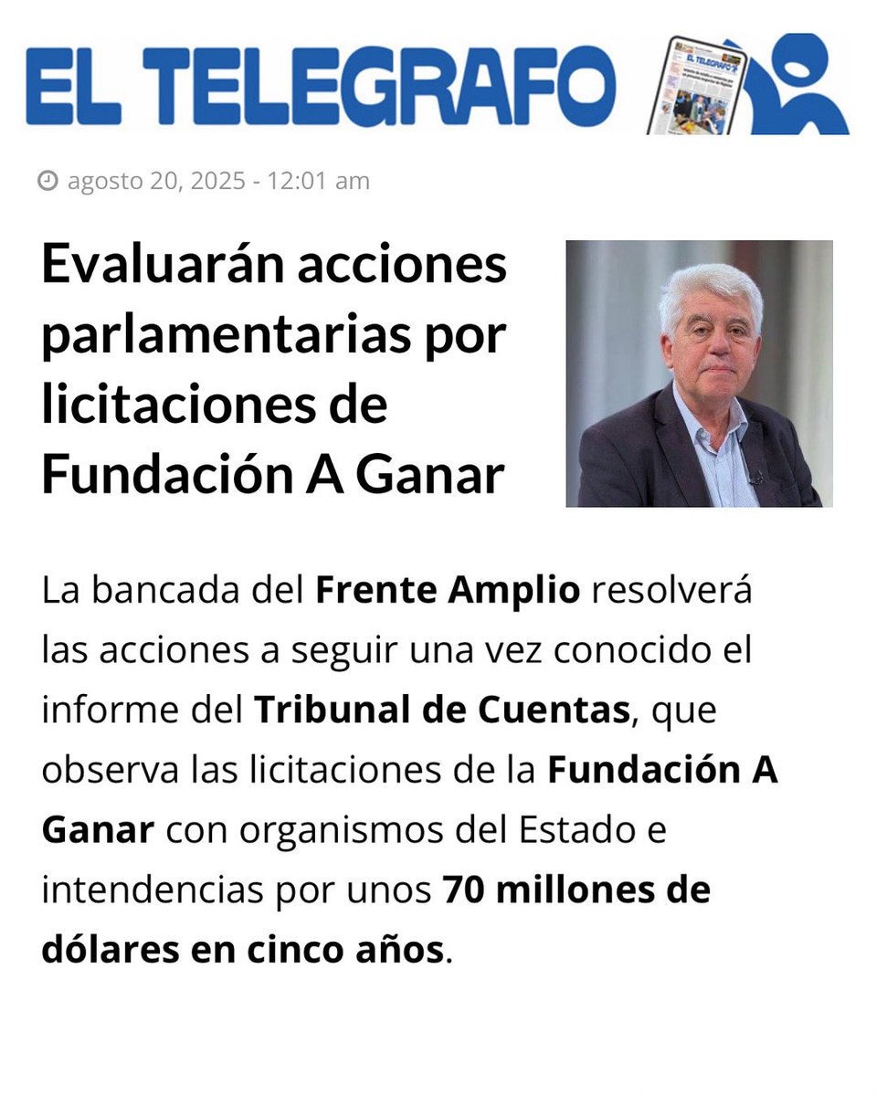 Eduardo Brenta (@eduardobrenta) on Twitter photo Hoy <a href="/eltelegrafopay/">Diario El Telégrafo</a> de Paysandú vuelve a poner sobre la mesa un tema gravísimo: la Fundación A Ganar recibió al menos 70 millones de dólares en cinco años a través de convenios con el Estado y varias intendencias.
👉 El Tribunal de Cuentas observó reiteradamente estas Hoy <a href="/eltelegrafopay/">Diario El Telégrafo</a> de Paysandú vuelve a poner sobre la mesa un tema gravísimo: la Fundación A Ganar recibió al menos 70 millones de dólares en cinco años a través de convenios con el Estado y varias intendencias.
👉 El Tribunal de Cuentas observó reiteradamente estas