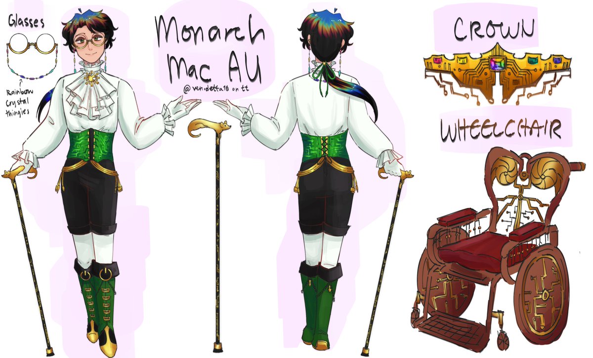yukasorinn's tweet image. Monarch Mac AU design ref sheet(?), will make more art of this later :))
(kinda gave up on the wheelchair and crown tho cuz it&apos;s literally almost 4 am here😭).
#macdateeverything #dateeverythingmac