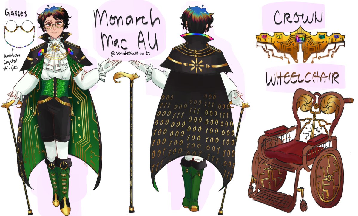 yukasorinn's tweet image. Monarch Mac AU design ref sheet(?), will make more art of this later :))
(kinda gave up on the wheelchair and crown tho cuz it&apos;s literally almost 4 am here😭).
#macdateeverything #dateeverythingmac