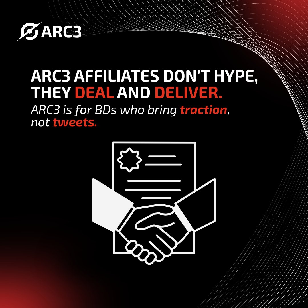 Arc3venture's tweet photo. Our affiliate program isn’t just for marketers 💡
BizDev pros, launchpad scouts, ecosystem leads - plug ARC3 into your network and earn 💰
Every deal tracked. Every payout real.
100% performance-based 🚀
#AffiliateGrowth #Web3BD #Arc3agency https://t.co/shNOXITwDX