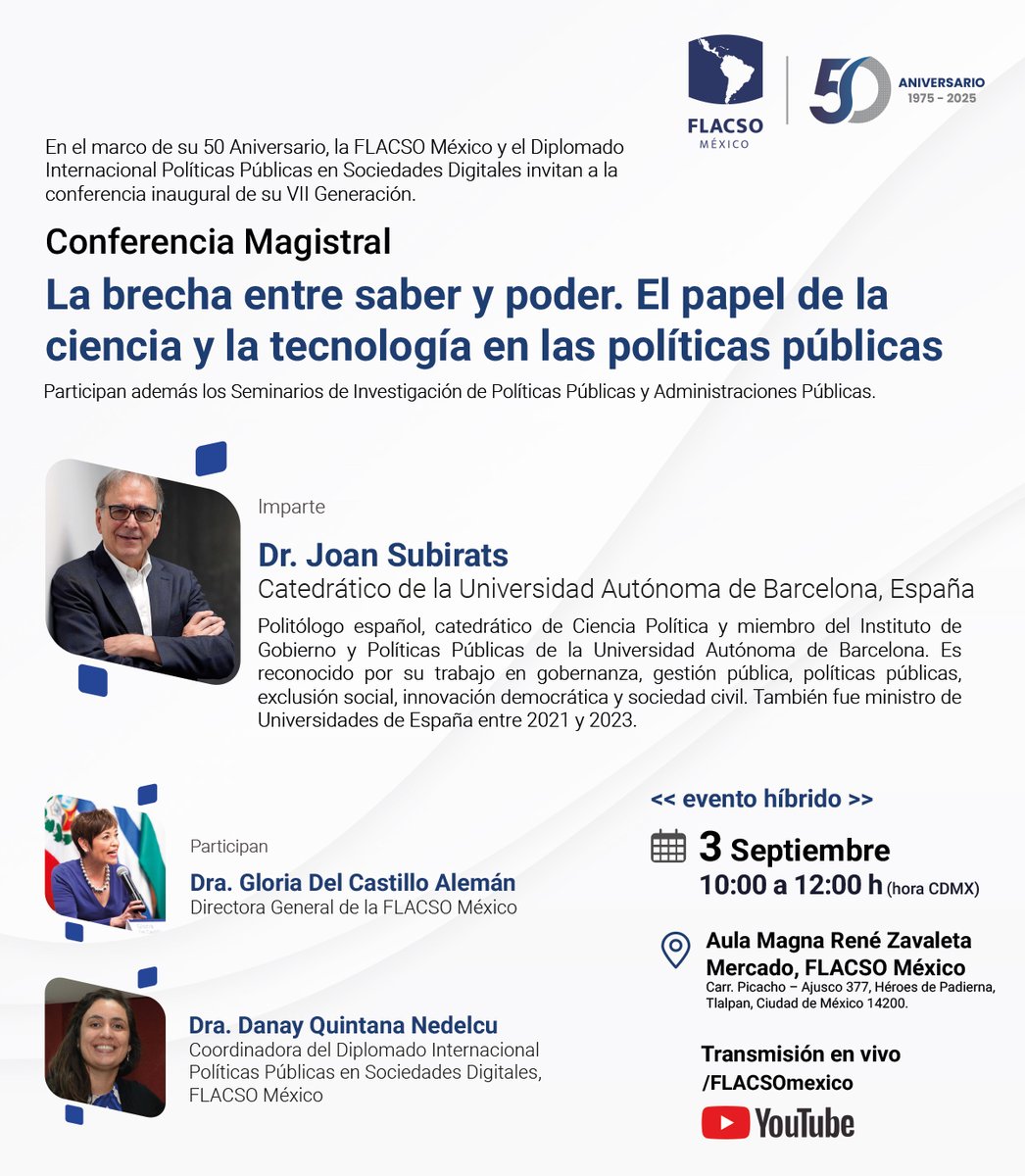 FLACSO México (@flacsomx) on Twitter photo La #FLACSOMéxico invita a la conferencia inaugural del #Diplomado Internacional Políticas Públicas en Sociedades Digitales, que en esta ocasión estará a cargo del reconocido académico, el Dr. Joan Subirats (<a href="/subirats9/">joan subirats</a>), Catedrático de la Universidad Autónoma de Barcelona.
Su La #FLACSOMéxico invita a la conferencia inaugural del #Diplomado Internacional Políticas Públicas en Sociedades Digitales, que en esta ocasión estará a cargo del reconocido académico, el Dr. Joan Subirats (<a href="/subirats9/">joan subirats</a>), Catedrático de la Universidad Autónoma de Barcelona.
Su