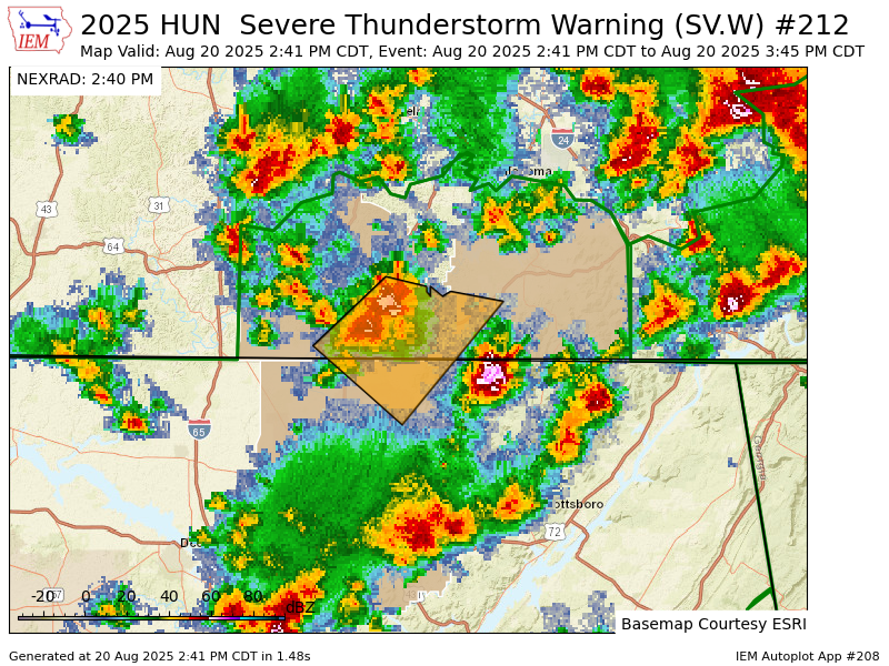 HUN issues Severe Thunderstorm Warning [wind: 60 MPH (RADAR INDICATED), hail: 0.75 IN (RADAR INDICATED)] for Madison [AL] and Franklin, Lincoln [TN] till Aug 20, 3:45 PM CDT mesonet.agron.iastate.edu/vtec/f/2025-O-…