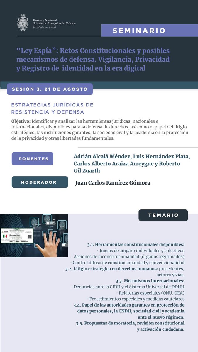 Ricardo Mendoza (@ricmenque) on Twitter photo 🚨 Este jueves 21 de agosto tendremos la presencia de Roberto Gil, <a href="/rgilzuarth/">Roberto Gil Zuarth</a>, el Magistrado Carlos Araiza <a href="/arreygue79/">Carlos Araiza Arreygue</a>, <a href="/luishdezplata/">Luis Hernández Plata</a> y <a href="/AdrianAlcala75/">Adrián Alcalá</a> en el <a href="/INCAM_Abogados/">Colegio de Abogados</a> para hablar sobre la #LeyEspía: retos y mecanismos de defensa.
Será una sesión de lo más interesante 🚨 Este jueves 21 de agosto tendremos la presencia de Roberto Gil, <a href="/rgilzuarth/">Roberto Gil Zuarth</a>, el Magistrado Carlos Araiza <a href="/arreygue79/">Carlos Araiza Arreygue</a>, <a href="/luishdezplata/">Luis Hernández Plata</a> y <a href="/AdrianAlcala75/">Adrián Alcalá</a> en el <a href="/INCAM_Abogados/">Colegio de Abogados</a> para hablar sobre la #LeyEspía: retos y mecanismos de defensa.
Será una sesión de lo más interesante