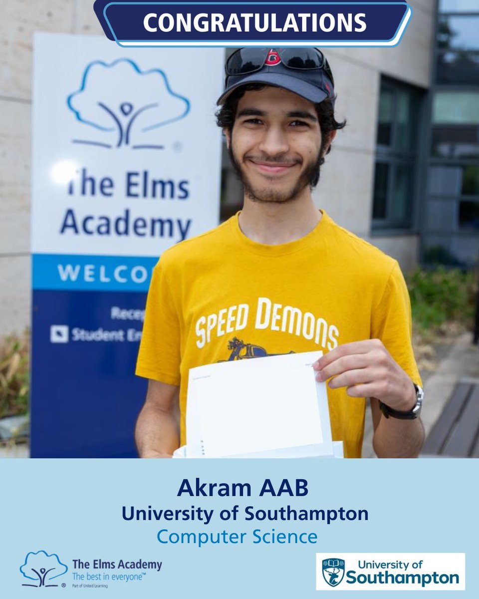 TheElmsAcademy's tweet image. Congratulations to Akram! - He will be studying Computer Science at @unisouthampton.

The Elms Academy Sixth Form Enrolment dates:
Thursday 21st August 11am –2pm
Friday 22nd August 9am - 12pm 

#theelmsacademy  #unapologeticallyambitious #sixthform #lambeth