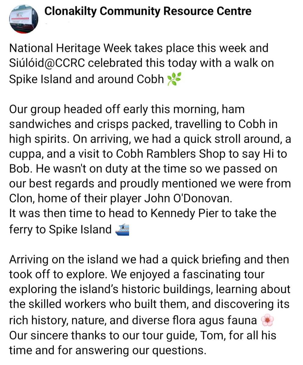 sinead_crowley's tweet photo. National Heritage Week takes place this week, and #Siúlóid@CCRC celebrated this today with a walk on Spike Island and around Cobh 🌿⛴️

https://t.co/nSZ2yleCMI
#HeritageWeek2025 #SpikeIsland #Cobh #ExploringOurFoundations #HeritageWalk #CommunitySpirit #ClonLife #IrishHeritage https://t.co/23AiByrLvH