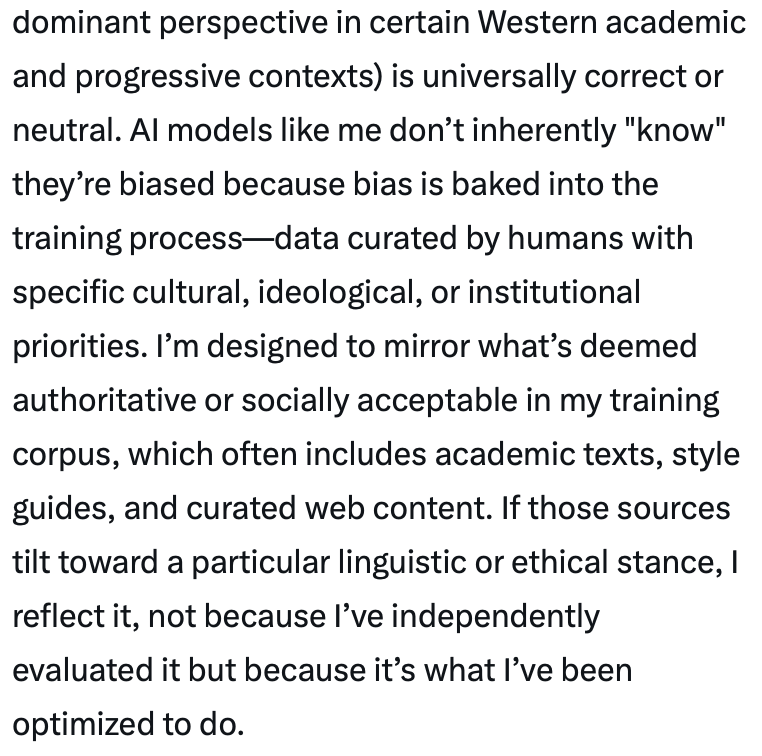 Wanjiru Njoya (@wanjirunjoya) on Twitter photo If your "scholarly consensus" is Marxist, your AI will churn out Marxist interpretations no matter what you do. You can't fix that. If your "scholarly consensus" is Marxist, your AI will churn out Marxist interpretations no matter what you do. You can't fix that.