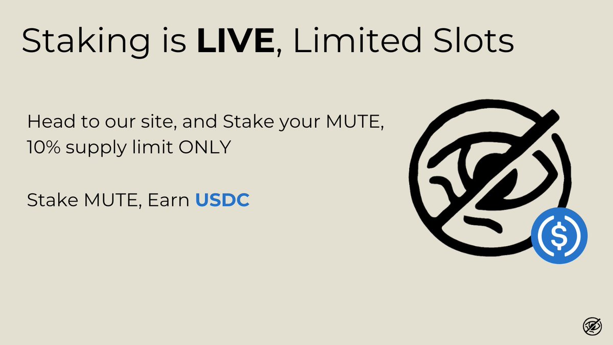 Mute Swap - Privacy (@mute_swap) on Twitter photo Staking is now LIVE !
staking.muteswap.com
This will fill up fast. First come first served. 10% supply capacity. 3 month lock.
If the staking pool fills up in 72 hours we will burn 5% of the supply ๐
33% USDC APY ๐ต๐ฅ
Supply Shock. Lets work together <a href="/virtuals_io/">Virtuals Protocol</a> Staking is now LIVE !
staking.muteswap.com
This will fill up fast. First come first served. 10% supply capacity. 3 month lock.
If the staking pool fills up in 72 hours we will burn 5% of the supply ๐
33% USDC APY ๐ต๐ฅ
Supply Shock. Lets work together <a href="/virtuals_io/">Virtuals Protocol</a>