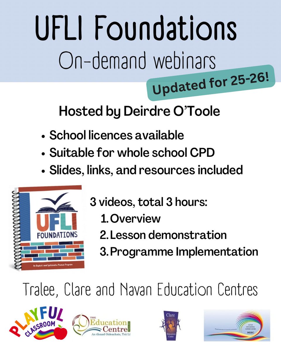 Updated UFLI Foundation on demand webinar series for Junior Infant to Second Class Teachers. <a href="/Playful_Class/">Dee</a> 

Individual &amp; School Licences available 

Further details in link below . 

edcentretralee.ie/index.php?opti…