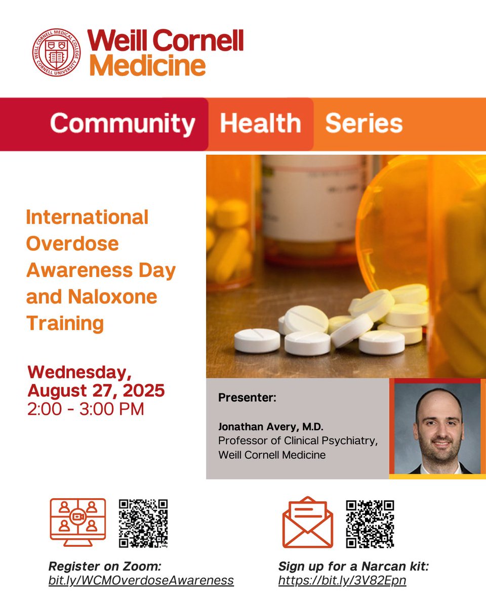 In honor of #OverdoseAwarenessDay, join @jonathanaverymd of <a href="/WeillCornell/">Weill Cornell Medicine</a> on Wednesday, 8/27 for a free educational webinar on opioid use disorder that will include a Narcan kit training. Register: bit.ly/WCMOverdoseAwa…