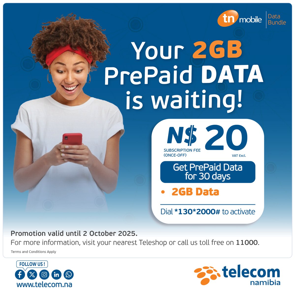 Get 2GB PrePaid tn mobile Data for only N$20!