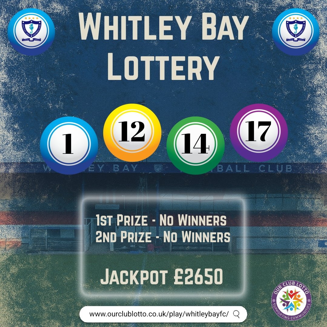 Whitley Bay FC (@whitleybayfc) on Twitter photo π’π¨π₯ πππ¨π ππ’π§π§π’ π₯ππ¦π¨ππ§π¦ |
Results for Wednesday 20th August 2025
1, 12, 14, 17
Jackpot Prize - No winners
2nd Prize - No Winners
Jackpot rolls over to Β£2650!
Want a chance to win? It's simple and only costs Β£1. Sign up here - ourclublotto.co.uk/play/Whitleybaβ¦ π’π¨π₯ πππ¨π ππ’π§π§π’ π₯ππ¦π¨ππ§π¦ |
Results for Wednesday 20th August 2025
1, 12, 14, 17
Jackpot Prize - No winners
2nd Prize - No Winners
Jackpot rolls over to Β£2650!
Want a chance to win? It's simple and only costs Β£1. Sign up here - ourclublotto.co.uk/play/Whitleybaβ¦