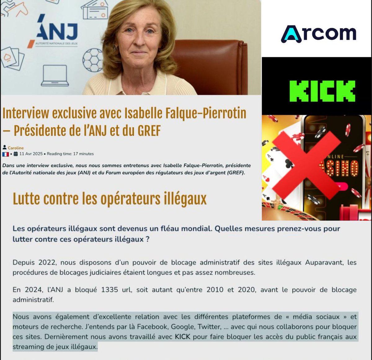 🔴 AFFAIRE PORMANOVE-ARCOM (MAJ)| KICK bloqué pour du poker par l’ANJ… mais l’ARCOM laisse passer des crimes en direct.

Dans son communiqué publié ce soir, l’ARCOM soutient qu’elle n’avait pas les moyens d’intervenir pour stopper la diffusion du stream.

Pourtant très intrusif