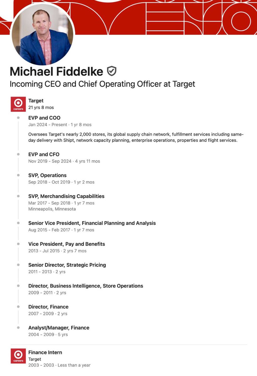 LinkedinFlex (Parody) (@linkedinflex) on Twitter photo This is the incoming Target CEO. He worked his way up from Finance Intern in 2003 to CEO in 2025. This is the incoming Target CEO. He worked his way up from Finance Intern in 2003 to CEO in 2025.