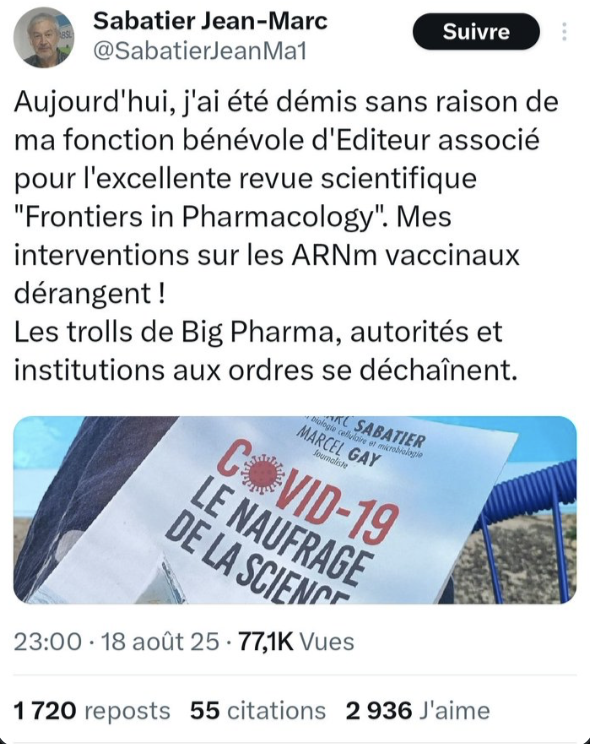Bonsoir les antivax.
La vérité prend l'escalier comme vous le dites si bien.
Et <a href="/SabatierJeanMa1/">Sabatier Jean-Marc</a>, pour qui le <a href="/CNRS/">CNRS 🌍</a> a toujours refusé d'agir, finit par perdre ses rôles éditoriaux. Car les éditeurs, eux, en ont quelque chose à faire de leurs réputations. hein le <a href="/CNRS/">CNRS 🌍</a> ?