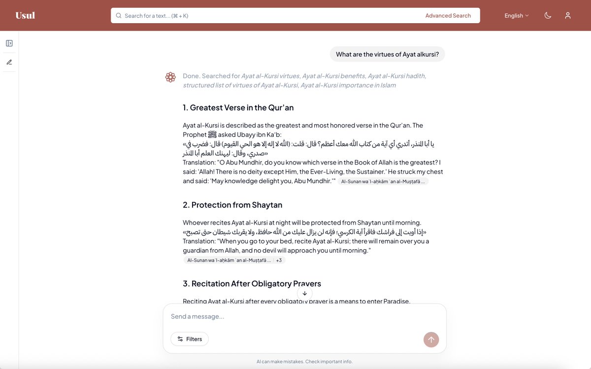 Abdella6if's tweet photo. Introducing Usul AI: the world’s first AI search-engine grounded in 15,000 Islamic texts. 

We built it so that the answers are based on inspectable citations with close to no hallucinations. https://t.co/RfusLKCxsW