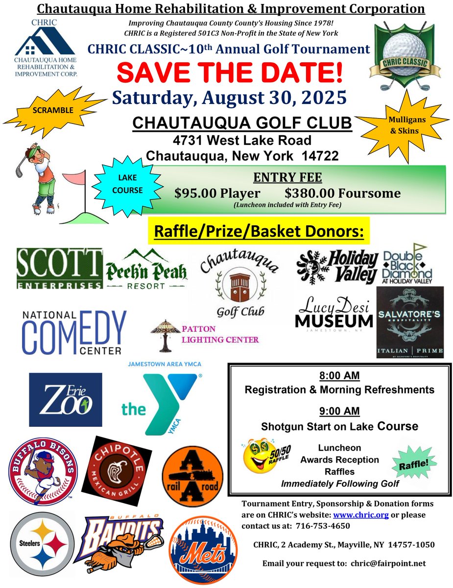 Labor Day Weekend! Registration still open for the 10th Annual CHRIC Classic Golf Tournament-Saturday, August 30, 2025 Chautauqua Lake Golf Club #CHQ more info at:  chric.org/index.php/fund… #Chautauqua #golf   or call 716-753-4650 to register a Team!