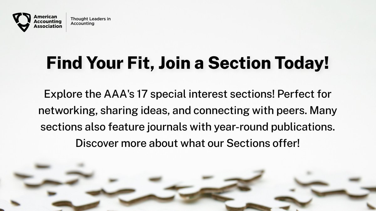 Find Your Community and Elevate Your Expertise with AAA Sections! Do you specialize in a specific area of accounting?

Take your accounting career to the next level by joining a Section today and surrounding yourself with experts in your field!

🔗bit.ly/3e1GQXK

#AAAHQ