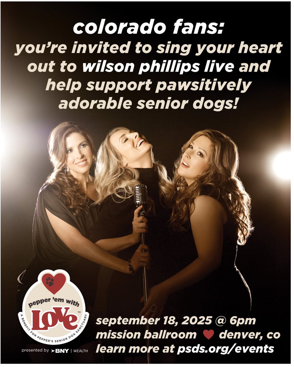 Colorado fans!
You’re invited to sing your heart out to Wilson Phillips live and help support pawsitively adorable senior dogs! go to psds.org/events to learn more!
LINK IN BIO - #seniordogs #dogs #wilsonphillips #dogsareprecious