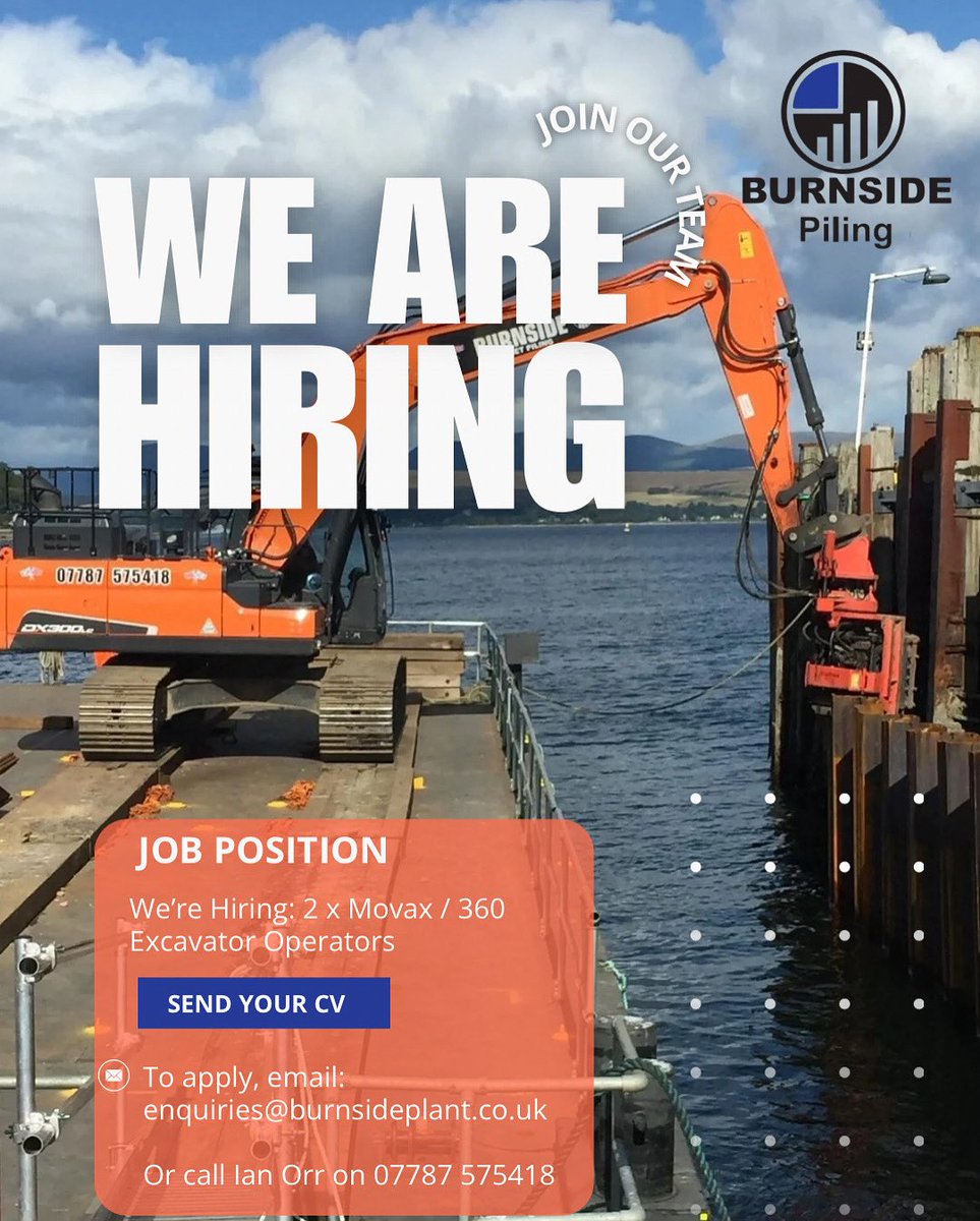BurnsidePiling's tweet photo. We’re Hiring: Movax / 360 Excavator Operators 

Burnside Plant is looking for skilled 360 Excavator Operators to join our team.

Based in East Kilbride

📧 To apply, email: enquiries@burnsideplant.co.uk

📞 Or call Ian Orr on 07787 575418 https://t.co/vFT61SiKzx