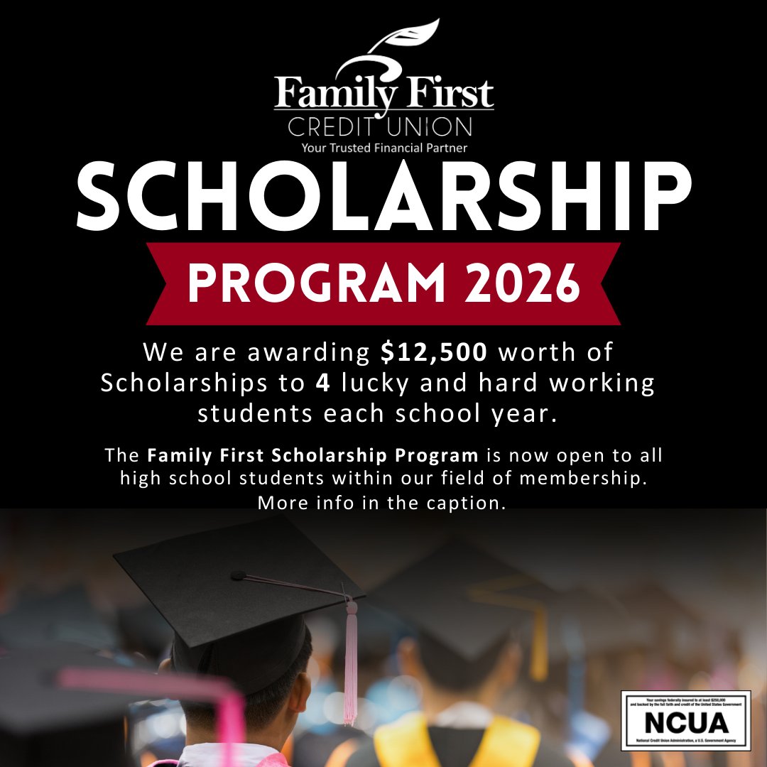 FamilyFirst_GA's tweet photo. 2026 SCHOLARSHIP APPLICATIONS ARE NOW LIVE 🎓💲
Family First Credit Union is excited to announce that we are awarding $12,500 in Scholarships for hard working students in our community!

Please visit: https://t.co/VsHgB82vnR to access the rules and to apply!
#Since1930 https://t.co/f4tbOToPdG