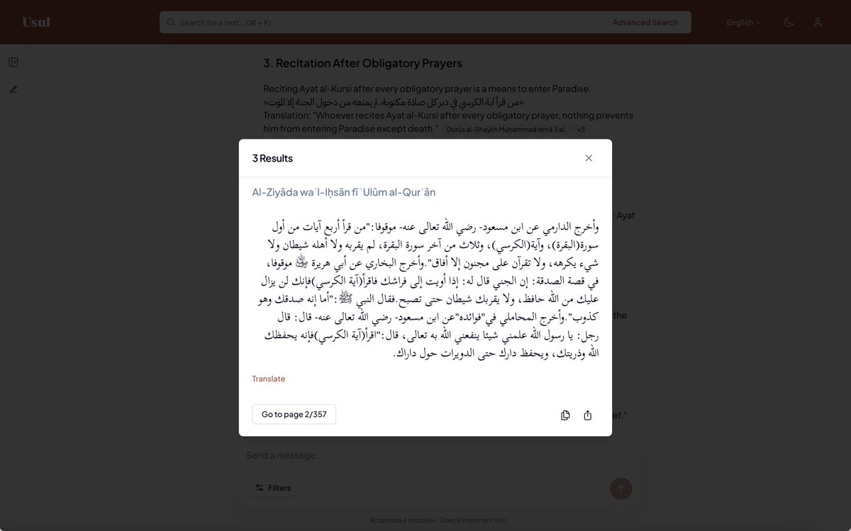 Abdella6if's tweet photo. Introducing Usul AI: the world’s first AI search-engine grounded in 15,000 Islamic texts. 

We built it so that the answers are based on inspectable citations with close to no hallucinations. https://t.co/RfusLKCxsW