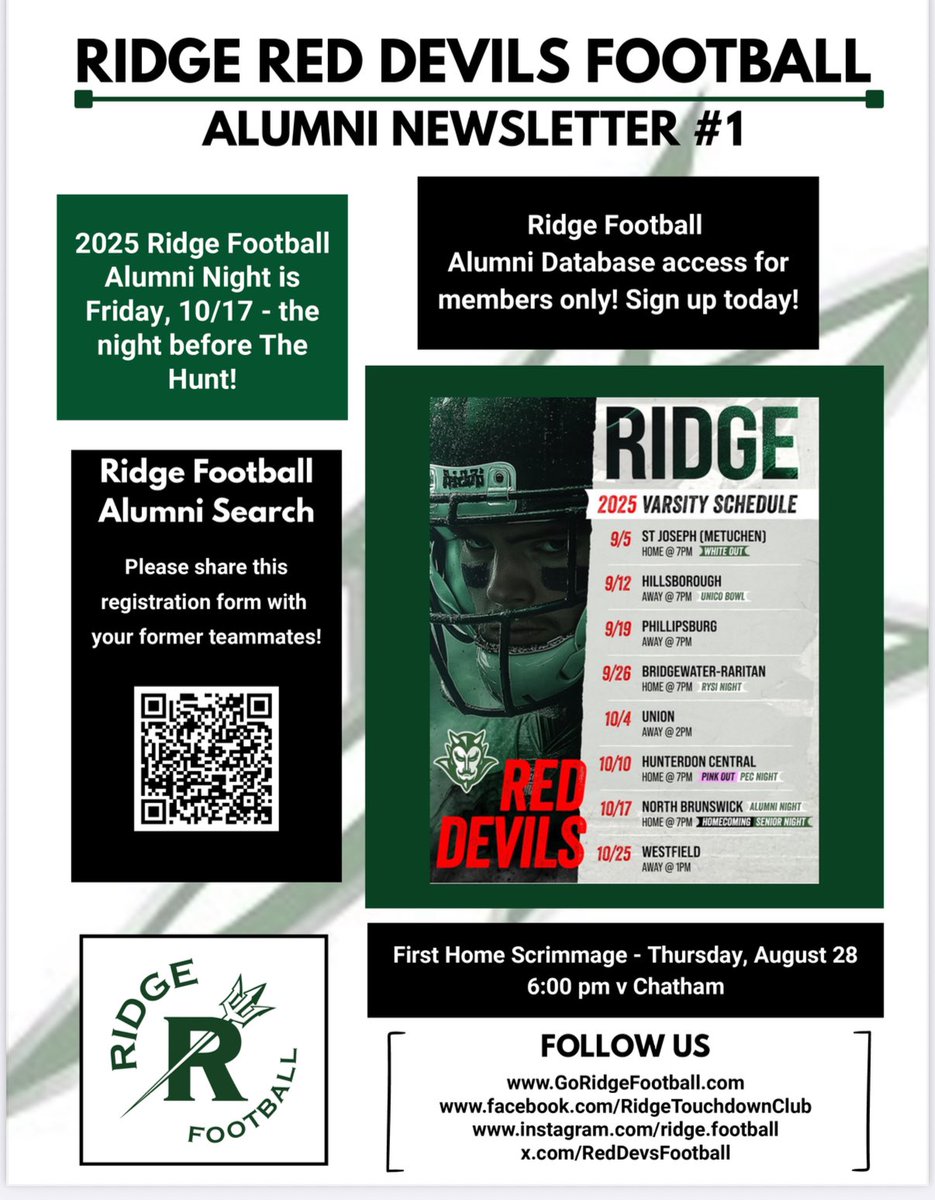 ridge.football (@reddevsfootball) on Twitter photo Once a Ridge Red Devil, always a Ridge Red Devil! We’re celebrating our football alumni and want to make sure your legacy lives on under the Friday Night Lights. Tag a former teammate and keep the tradition alive 🏈 🎉 💪
<a href="/Ridgegameday/">RIDGE ATHLETICS</a>
<a href="/1_sutherland/">Coach Sutherland</a> <a href="/BaskingRidgeTAP/">Basking Ridge TAP</a> Once a Ridge Red Devil, always a Ridge Red Devil! We’re celebrating our football alumni and want to make sure your legacy lives on under the Friday Night Lights. Tag a former teammate and keep the tradition alive 🏈 🎉 💪
<a href="/Ridgegameday/">RIDGE ATHLETICS</a>
<a href="/1_sutherland/">Coach Sutherland</a> <a href="/BaskingRidgeTAP/">Basking Ridge TAP</a>
