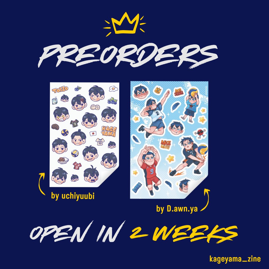 kageyama_zine's tweet photo. 💙 2 WEEKS TIL PREORDERS 💙

Calling all Haikyuu fans! 🗣 Our preorders for Relentless: Kageyama Zine open in 2 WEEKS! Enjoy a first look at these adorable sticker sheets by @uchiyuubi and D.awn.ya, and be on the lookout for more merch previews! 👑🏐 https://t.co/P0IMgVXFea