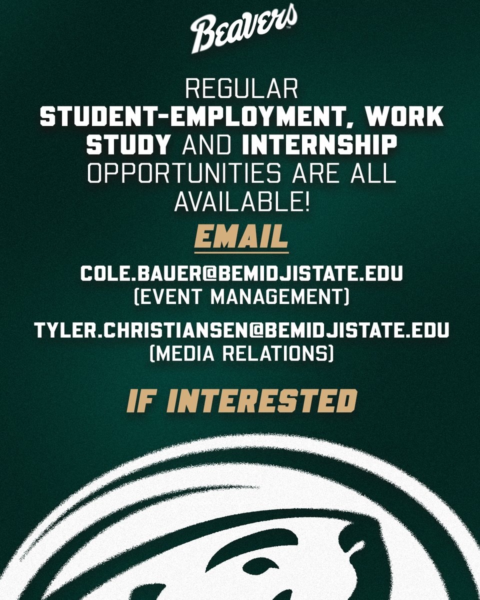 Don’t just watch the game, be part of it 🐾🦫

BSU Athletics is hiring students (all majors) for Event Management &amp; Media Relations!

📧 Cole Bauer / Tyler Christiansen

#GoBeavers | #BeaverTerritory