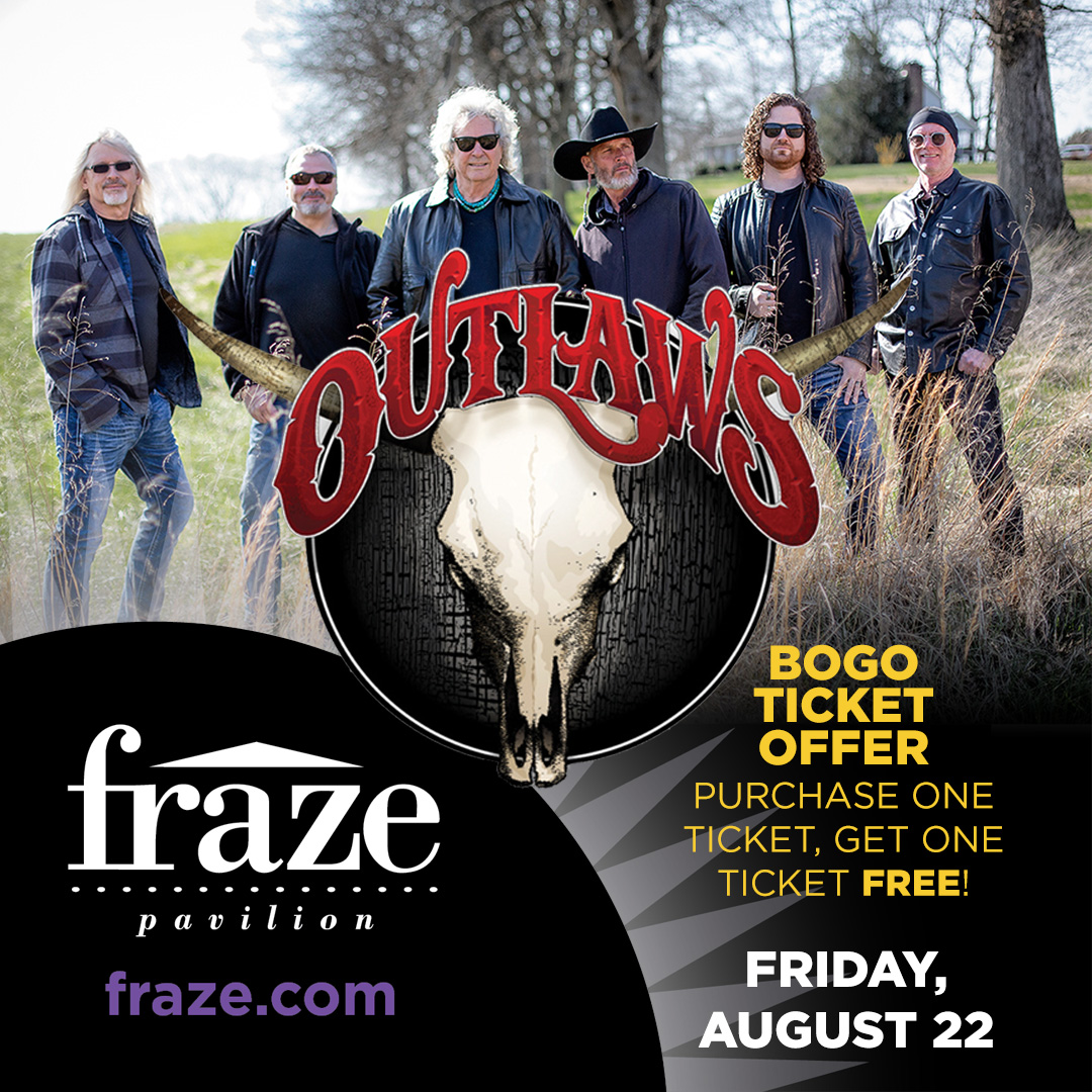 🎟🎟 BOGO ticket offer ends tonight, 8/21 at 11:59 PM! Hurry, don't miss out seeing The Outlaws tomorrow, Friday, August 22nd, at Fraze Pavilion for a $15 Friday Night Concert. Buy tickets IN PERSON at the Fraze FanFare Ticket Office in Town &amp; Country Shopping Center, 10 AM to 6