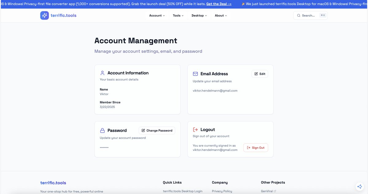 just added an account management dashboard for terrific.tools users